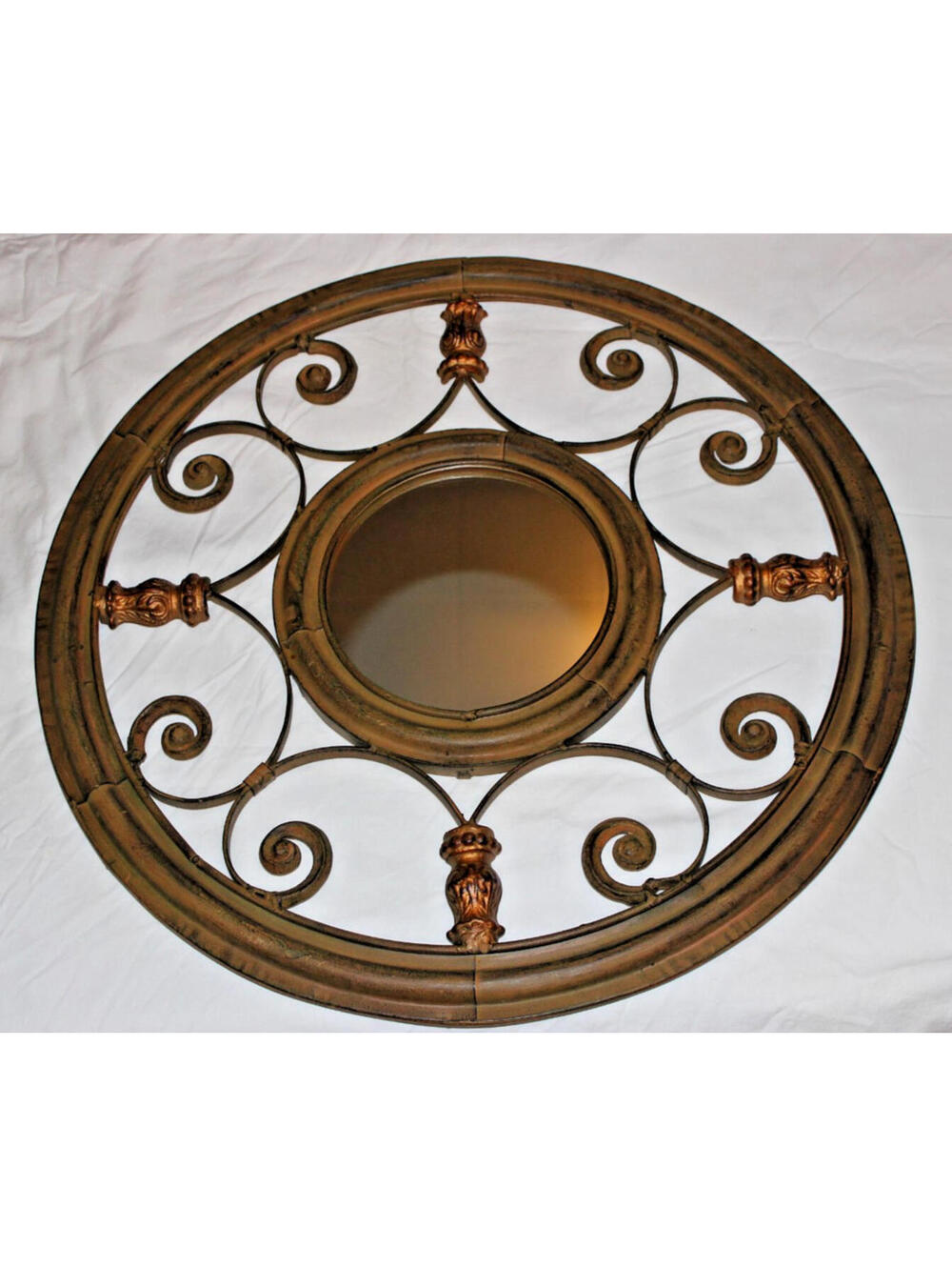 Vintage Heavy Metal Round Ornate Scrolled Accent Wall Mirror 22” Antique Brass